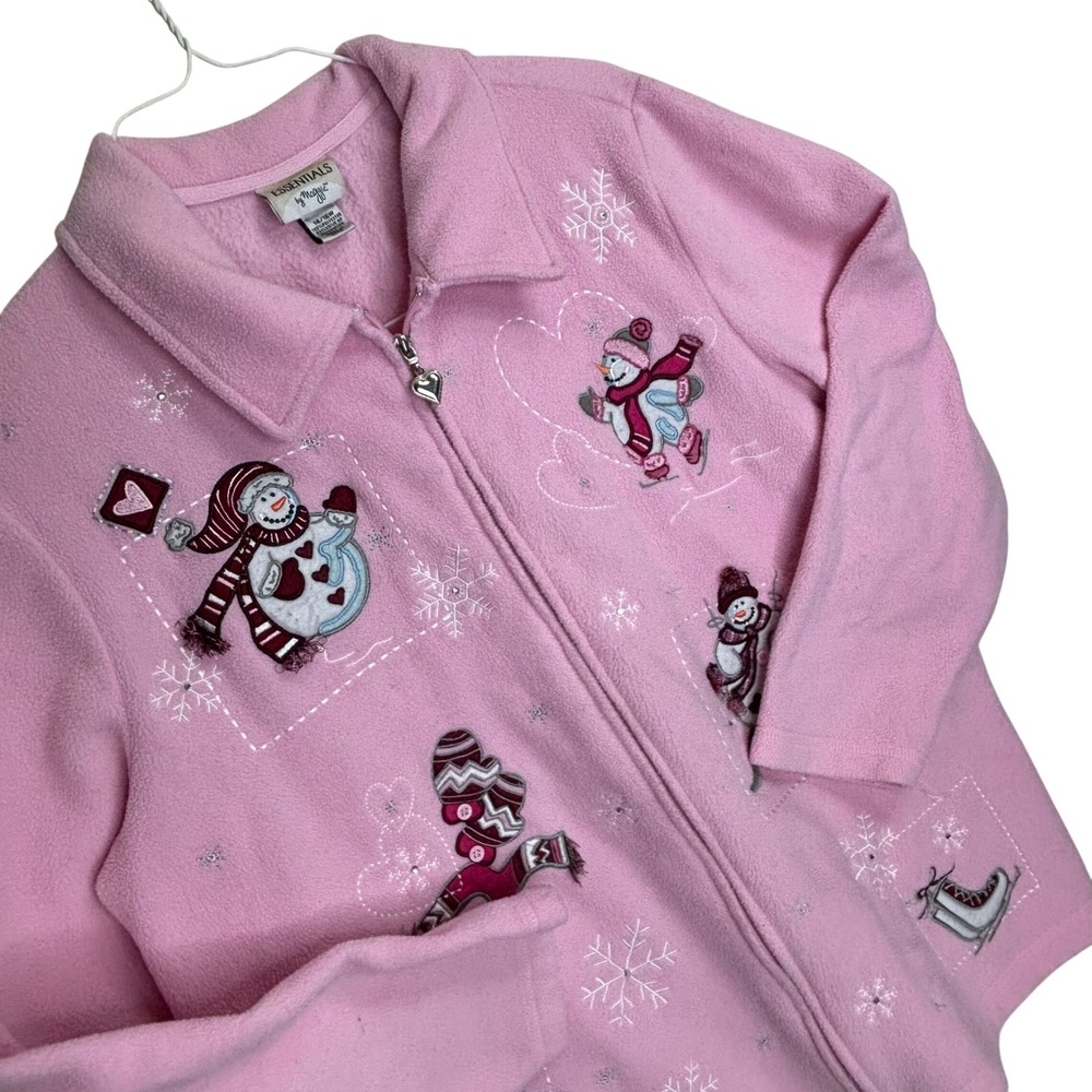 Essentials by Maggie Fleece Jacket Womens 14/16W Pink Snowman Winter Full Zip L
